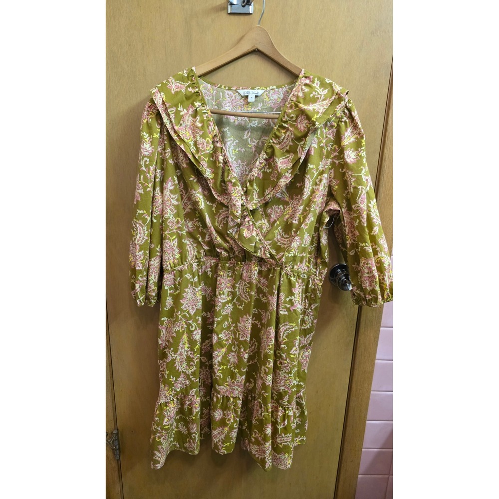The Pioneer Woman Olive Green Paisley Floral Ruffle Wrap Dress Plus Size 1X